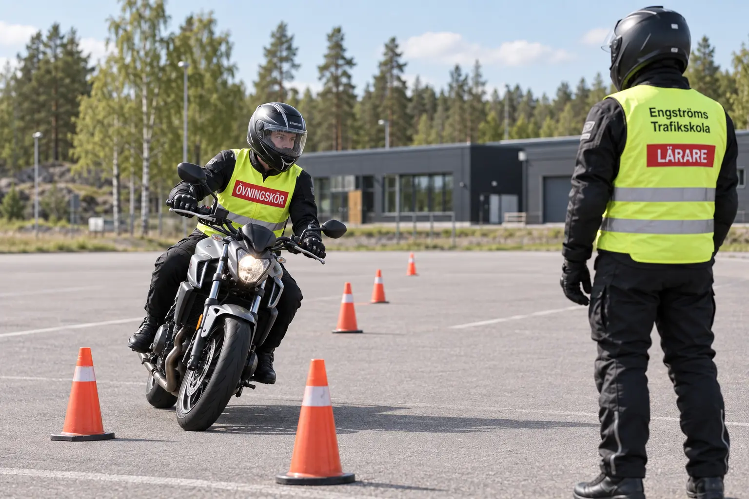 Manövreringsövning med motorcykel och lärare från Engströms Trafikskola